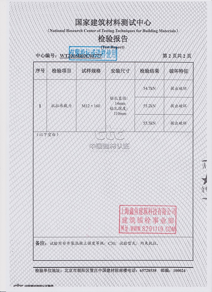 不锈钢化学螺栓检测数据报告